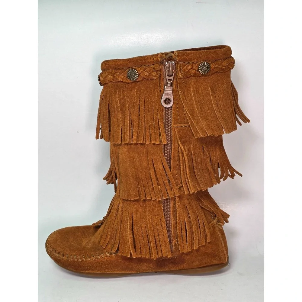 Minnetonka Three Layer Fringe Boots Girls Size 1 Brown Suede Mid Calf Western